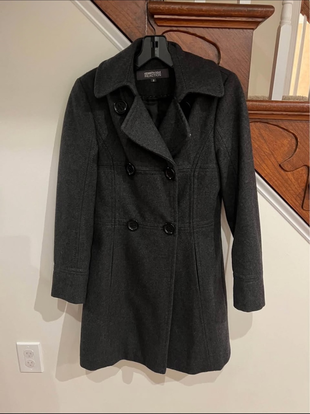 Kenneth Cole Dark Gray Double-Breasted Wool Blend Pea Coat